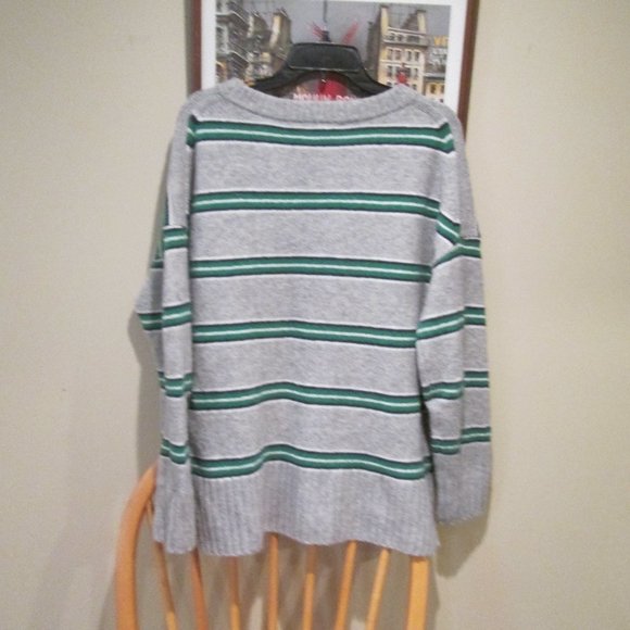 J Crew Soft Cozy Oversized Pullover Sweater Gray with Green White Black Stripes - Picture 2 of 2